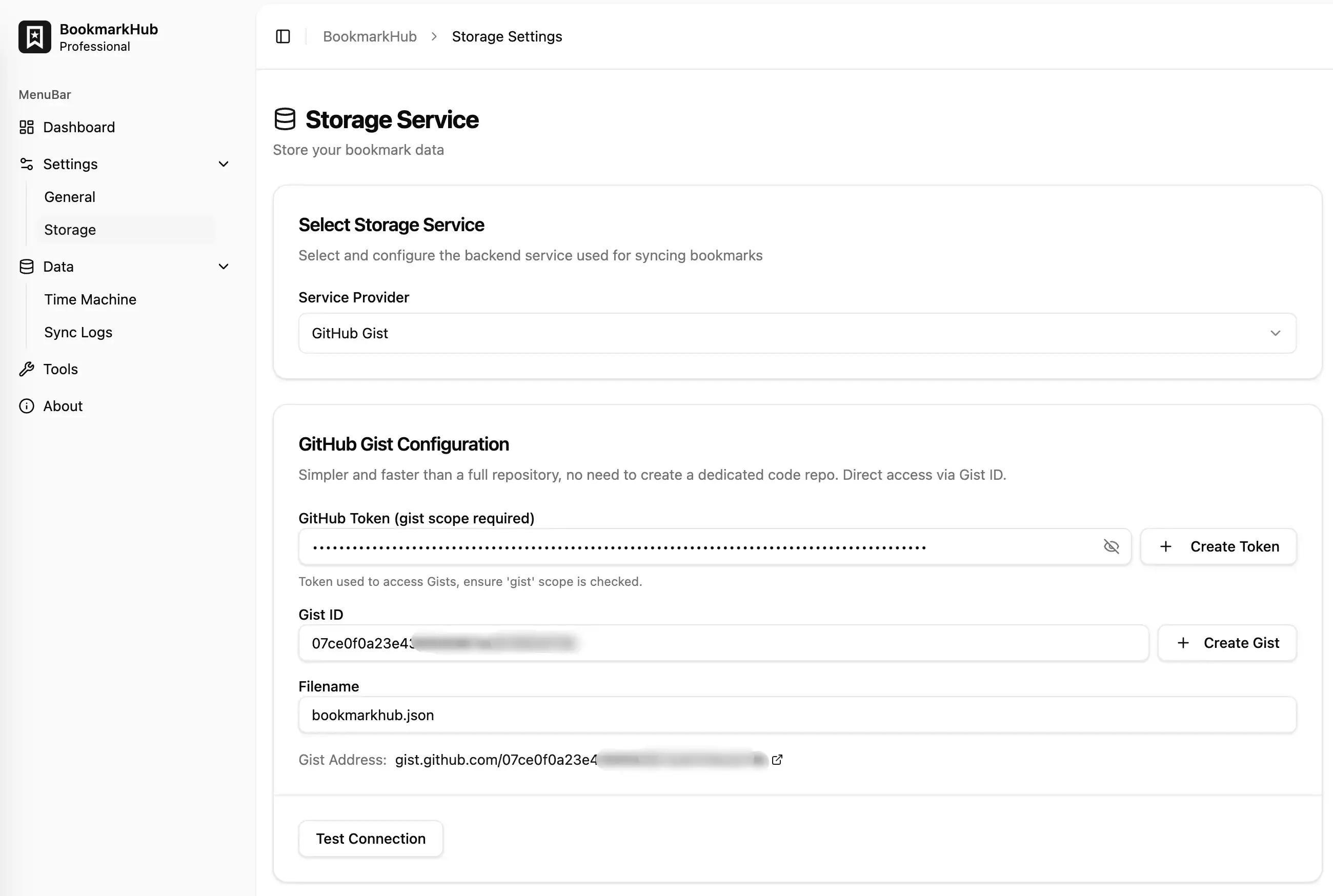 BookmarkHub Storage Settings